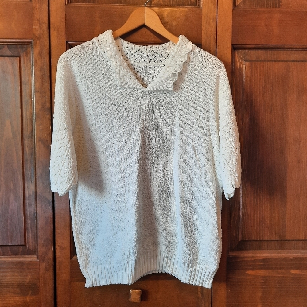 Vintage White Crochet Peter Pan Collar Cottagecore Pointelle Knit Polo Sweater